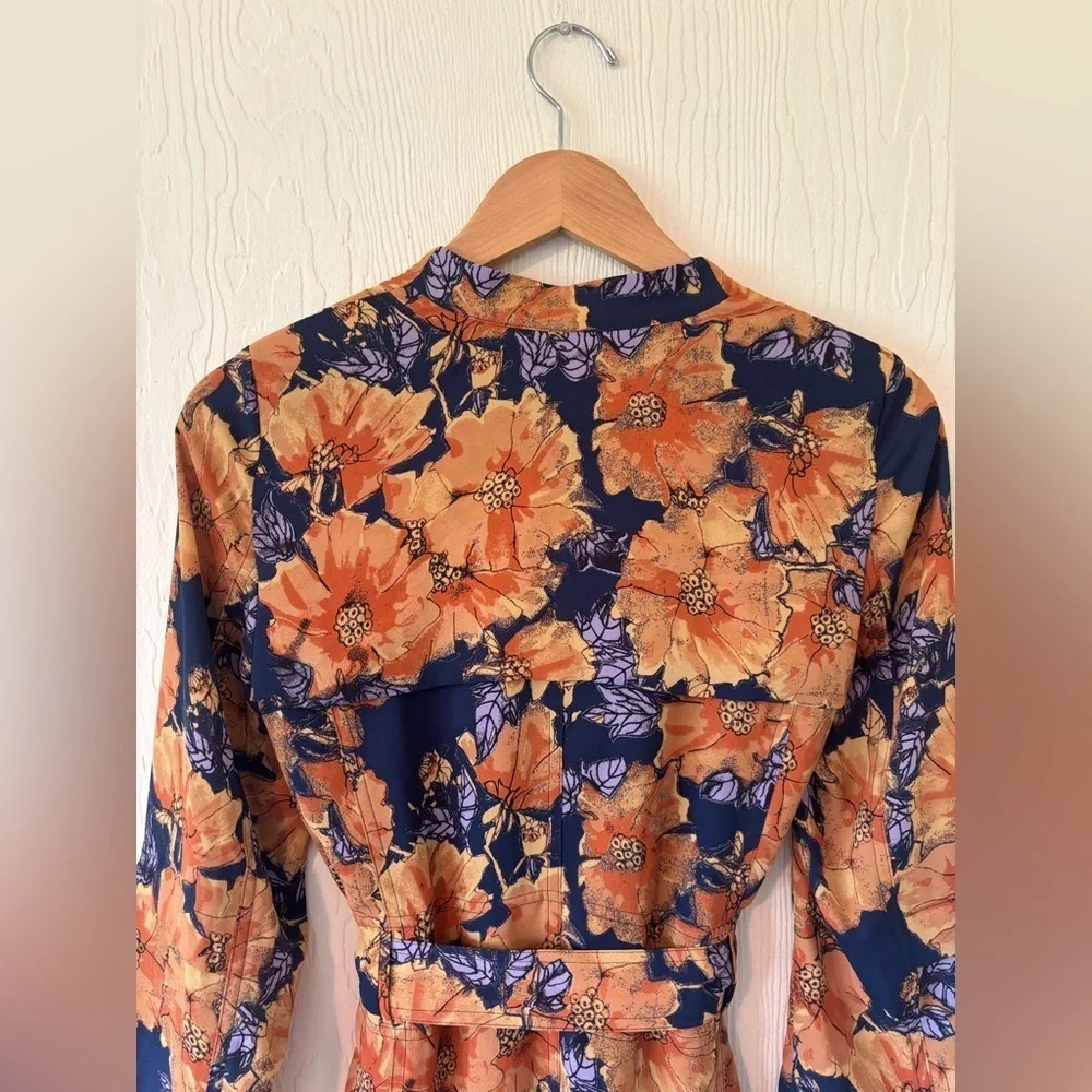Babaton Aritzia Blue Orange Quincy Floral Trench Cardigan Jacket Wrap Dress - Picture 8 of 17